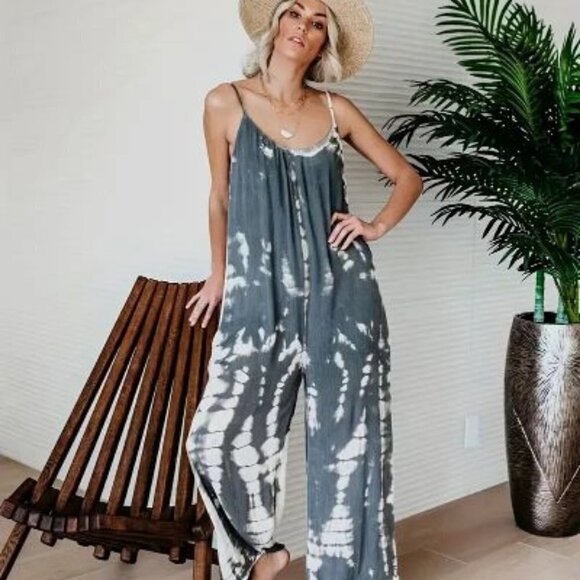 Pants - Plus Size Boho , Women's Plus Tie Dye V Neck Medium Stretch Jumpsuit